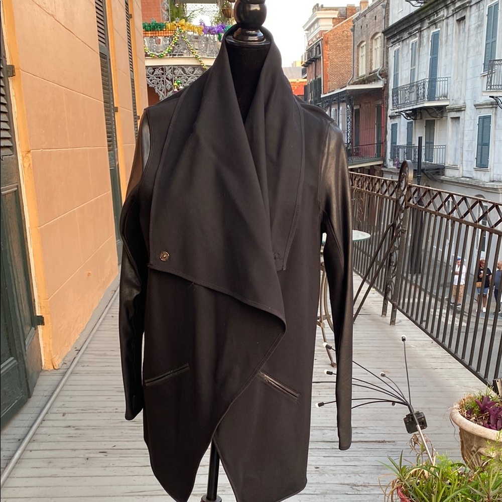 Black Draped Coat with Leather Sleeves